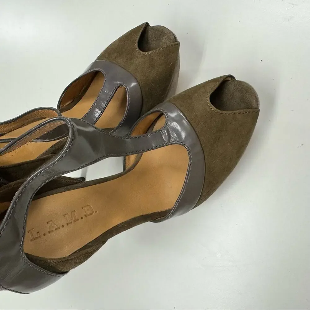 L.A.M.B. Olive Green & Grey Leather Contrast Stiletto Heels Womens 6 Y2K Suede